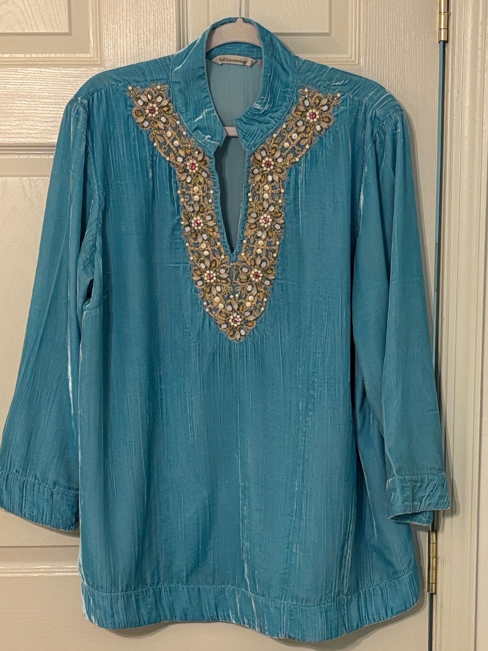 Soft Surroundings Turquoise Velvet Jeweled Top XL